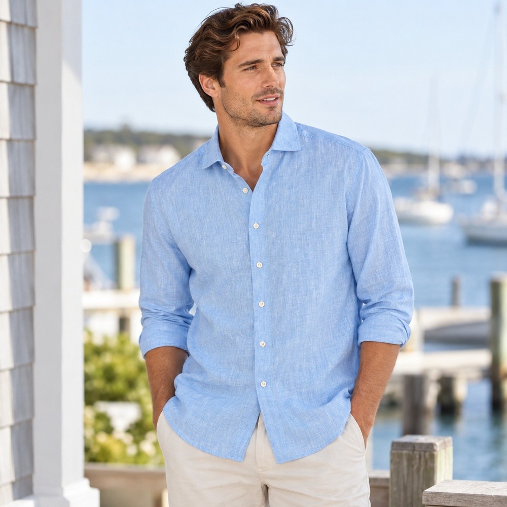 Collars & Co Button Shirt Men L Blue 100 Linen Long Sleeve Coastal Preppy Office